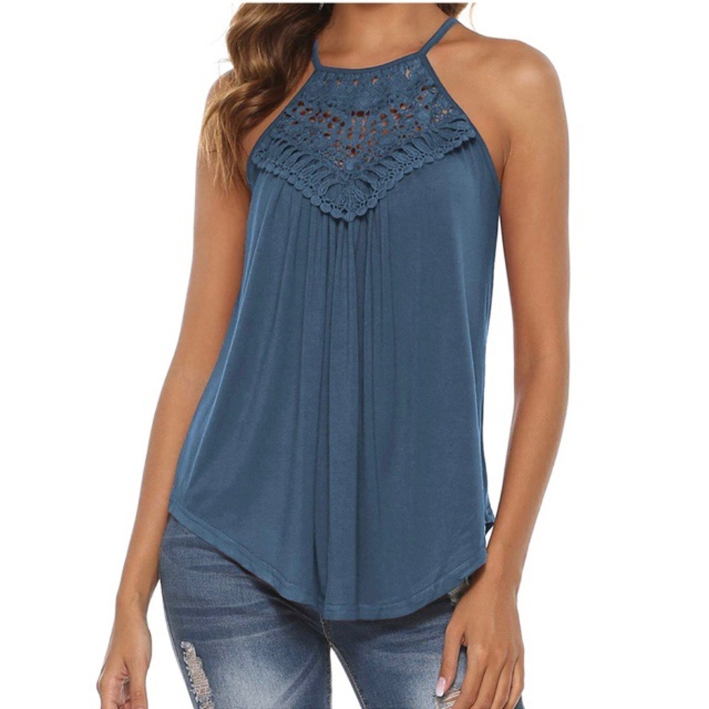 Slate Blue Crochet Lace Blouse - Picture 1 of 5